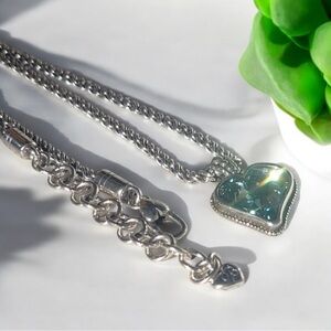 BRIGHTON Bibi Blue Swarovski Gem Heart Reversible Silver Pendant Necklace